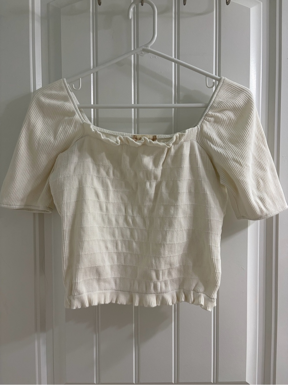 Altar'd State Cream Ribbed Square-Neck Puff Sleeve Crop Top